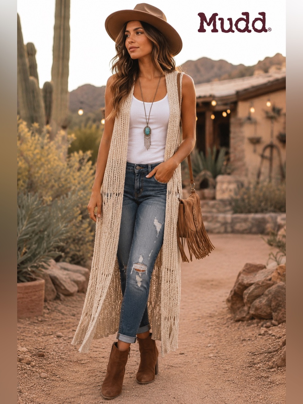 Mudd Oatmeal Open Knit Long Duster Cardigan Vest L Sleeveless Western Desert